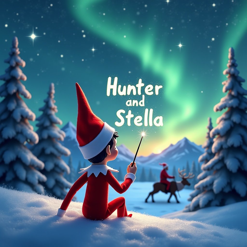 Elf on the Shelf with back to viewer gazes at sky. Elf uses wand to spell Hunter and Stella in sparkling letters. Stunning winter landscape with northern lights. Silhouette of Santa on reindeer in background. Snow-covered trees and mountain range create holiday atmosphere.