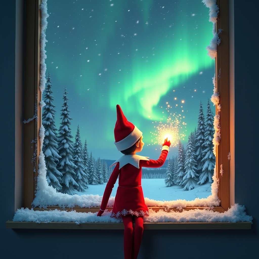 The image features an adorable elf on the shelf sitting on a window ledge, with his back turned to the viewer. He is using a magical wand to create twinkling sparks while looking up at a stunning display of northern lights. The background is set in a winter wonderland, filled with snow-covered pine trees, conjuring a festive holiday feel. Dressed in a vibrant red outfit with white trim, the elf embodies the Christmas spirit. The scene is illuminated by the enchanting colors of the aurora borealis, enhancing the magical ambiance. He is writing the name Snædís, Stormur and Straumur with his magic wand.