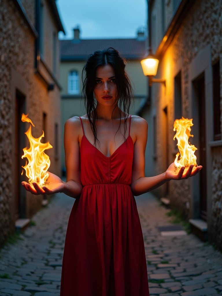 A mysterious woman stands in a twilight-lit alley. She wears a simple red, flowing dress. In her hands, she conjures flames that dance and flicker. The scene is illuminated by a street lamp in the background.