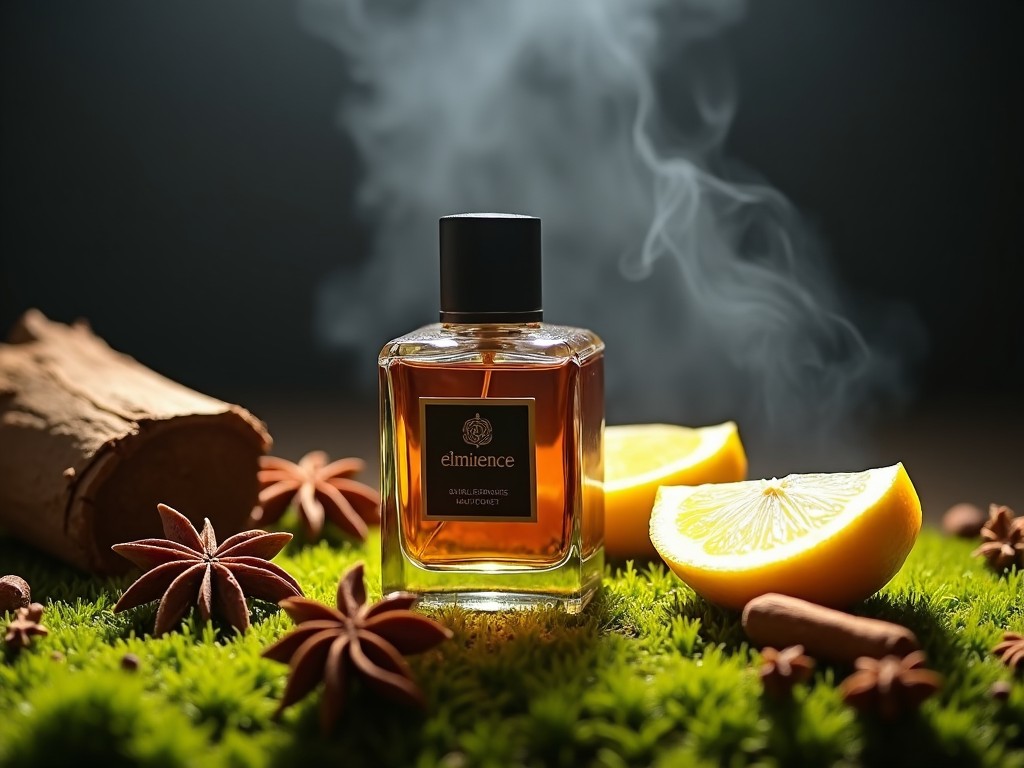 This image features a beautifully crafted perfume bottle elegantly placed on mossy grass. Surrounding the bottle are pieces of cedar bark, lemon slices, and fragrant spices, creating a luxurious feel. A gentle smoke wafts around, enhancing the atmosphere. The bottle, filled with a rich brownish liquid, displays the elegant label that reads 'éminence.' This composition represents the premium quality and artisanal craftsmanship of the fragrance, appealing to luxury fragrance enthusiasts.