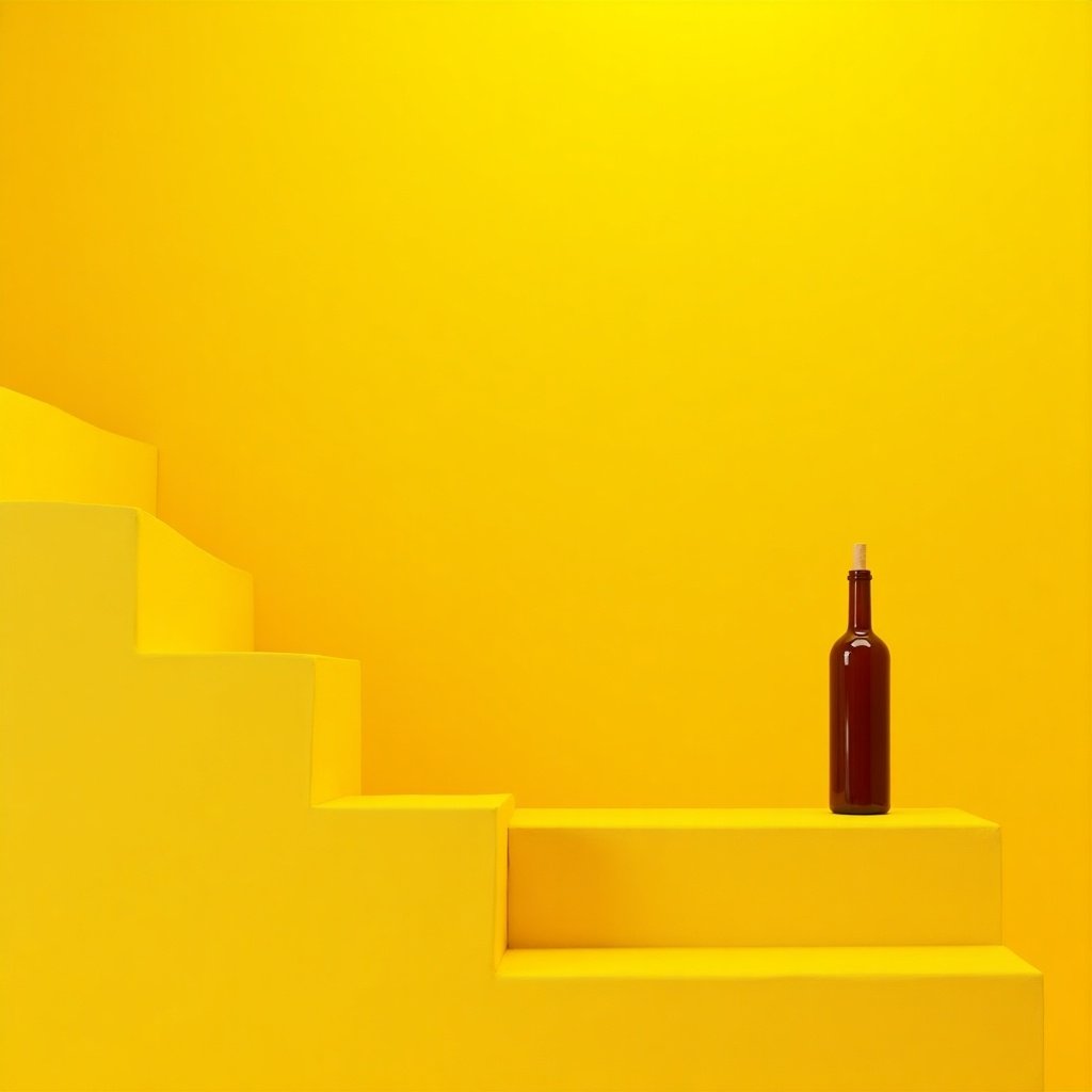 Wine bottle sits on yellow stair in bright yellow space