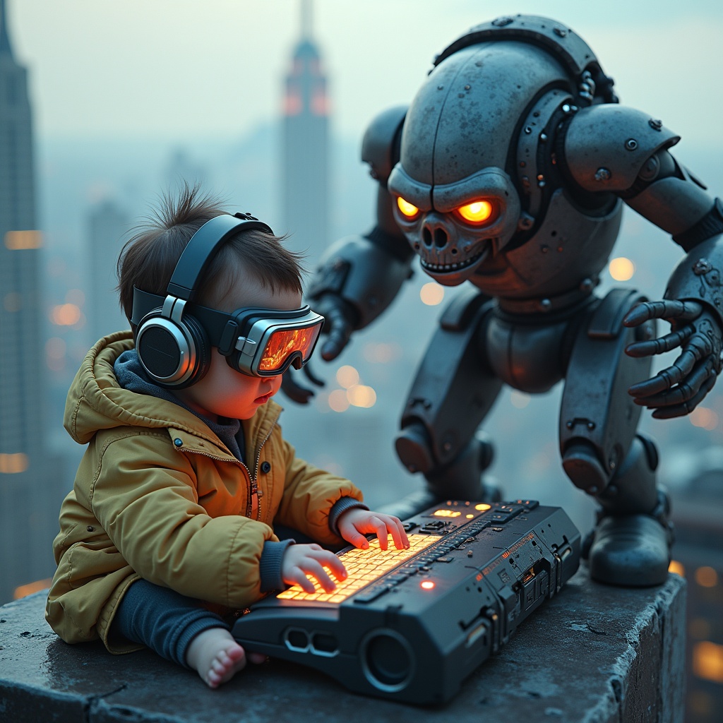 In a futuristic cityscape, a mischievous baby with a headset and glowing cyber goggles types intensely on a holographic keyboard. Next to them stands a colossal gorilla robot, made of steel and equipped with glowing circuitry, ready to protect them. They are engaged in battle, hacking a swarm of hostile enemy drones. The scene unfolds atop a crumbling skyscraper, showcasing the urban chaos below. The baby is focused and determined, while the robot stands guard, fists raised in defense. Together, they represent a blend of innocence and high-tech courage in an action-packed environment.