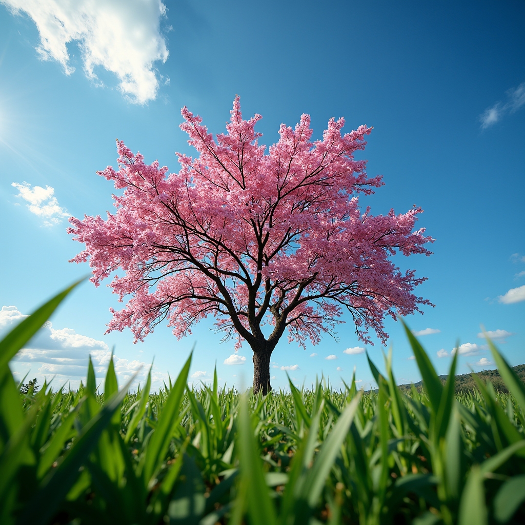 A tree with pink blossoms stands in a grassy field under a clear blue sky.