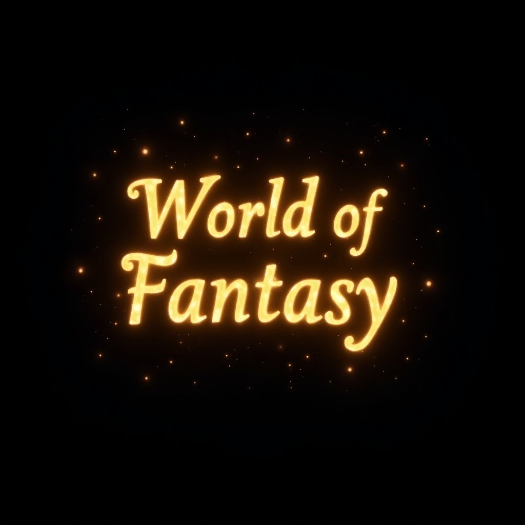 Text design features the words 'World of Fantasy' with a black background. The font is ethereal and glows yellow, resembling a bright star, blending beautifully with galaxy colors. The overall look is pretty and fancy making it appealing for fantasy themes.