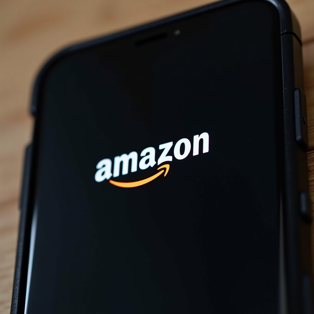 A smartphone displaying the Amazon logo on its screen against a wooden table.