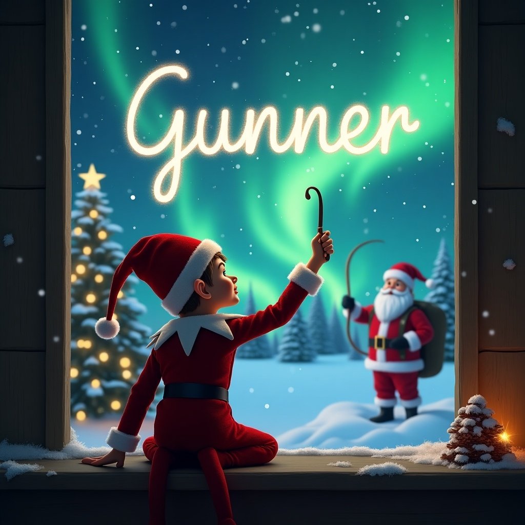 Elf on the shelf facing the sky writing Gunner with a wand. Magical Christmas scene with northern lights and Santa.