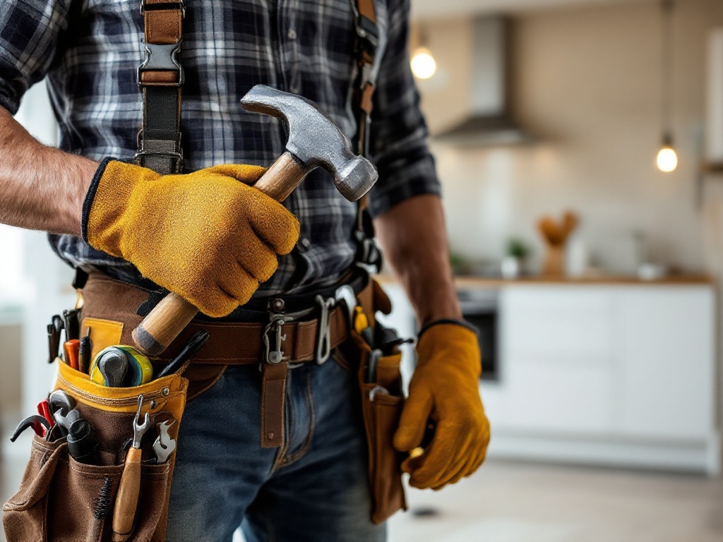 Image shows builder handyman holding hammer. Focus is on attire and equipment. He is wearing sturdy work gloves. Tool belt is filled with various tools. Bright kitchen renovation scene is in the background.