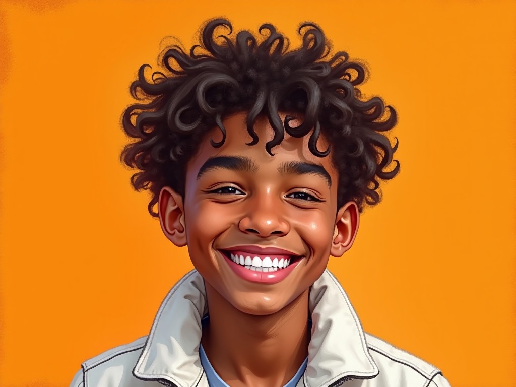 The image depicts a portrait of a young man with curly hair and a bright smile, set against an orange background that conveys warmth and happiness. He is wearing a white jacket, giving off a stylish and cheerful vibe. The painting style is expressive, with visible brush strokes that add texture and depth to the image. The lighting in the portrait enhances the subject’s features, making them appear vibrant and lively. Overall, the artwork radiates positivity and charm.