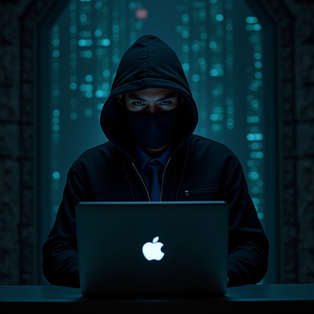 A masked individual in a dark hoodie intently works on an illuminated laptop in a dim, blue-lit digital environment.