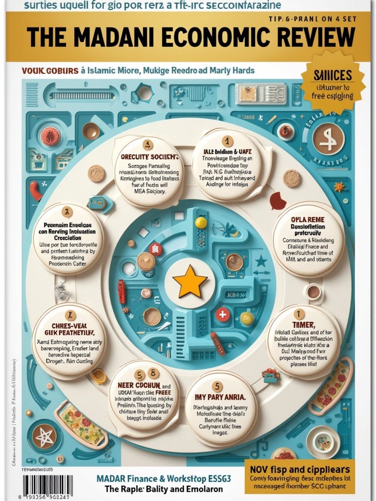Magazine titled THE MADANI ECONOMIC REVIEW. Focus on Islamic finance integrity for a MADANI Society. Authored by Dr. Saiful Azhar Rosly. Includes 100 pages of vibrant content on Islamic finance and ESG practices. Features premium hardcover and glossy finish. Contains coupons for reader interaction. Barcode and price included.