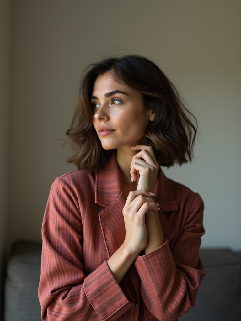 A woman poses in a rust-colored jacket with her hands clasped together. Soft natural light illuminates her upper body. The setting appears minimalist and warm.