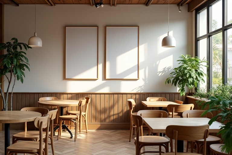 Interior of a charming cafe with a warm and inviting setup. Big windows allow natural light in. A wall features two empty frames for posters. The room has greenery and decorative accents. Wood tables and chairs create a modern look. A perfect spot for relaxation or casual meetings.