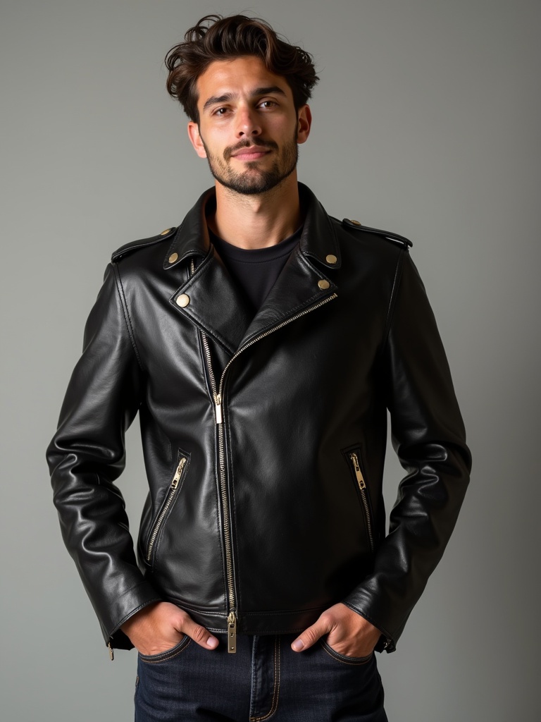 Photo of a man wearing a black leather jacket.