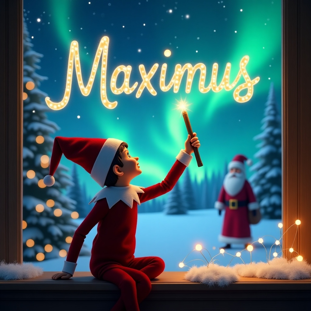 Elf facing the sky holds a wand and writes Maximus in the sky. Background is a magical Christmas scene with northern lights and Santa Claus.