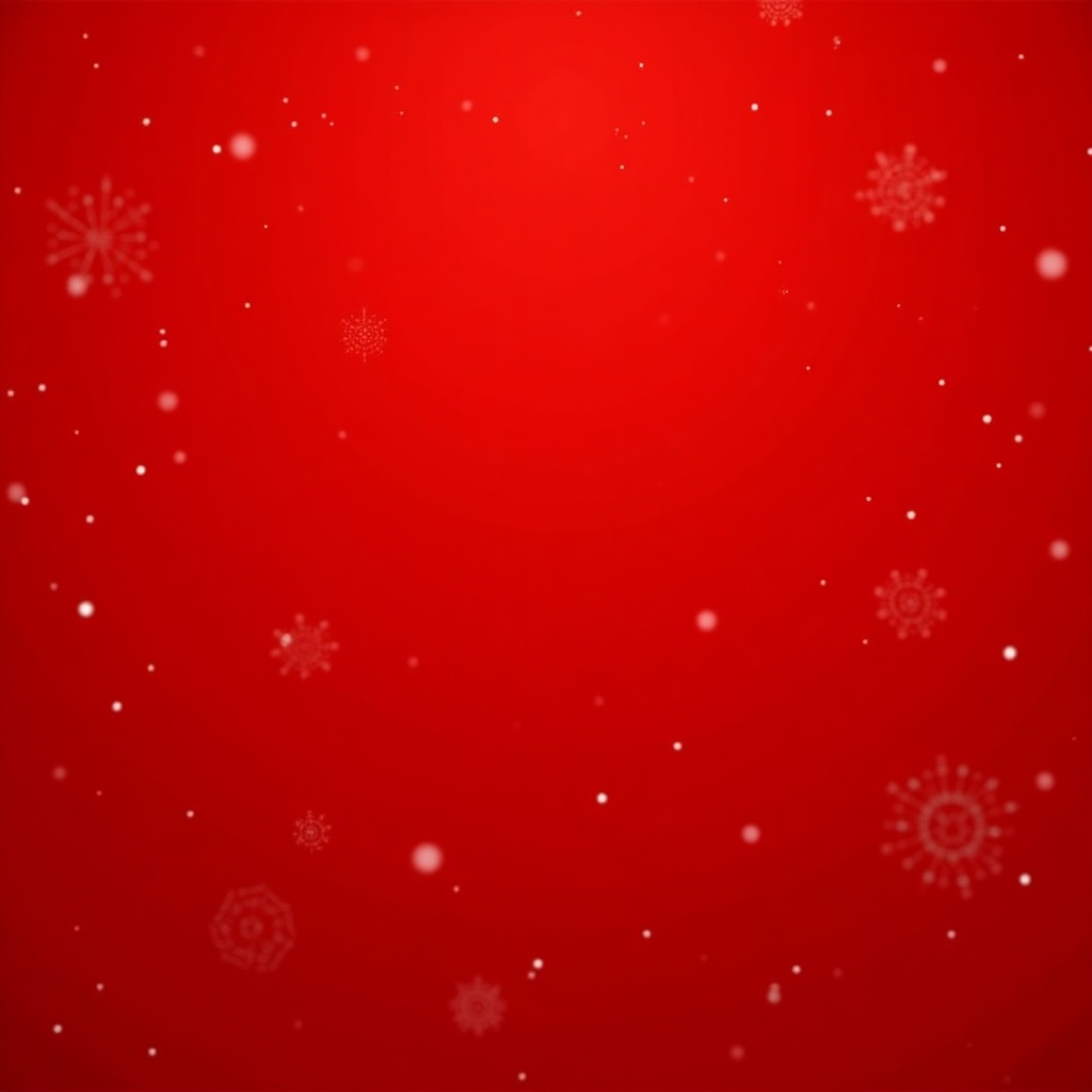 Red background with blurred snowflakes scattered across the surface. Light snowfall effect with soft tones.