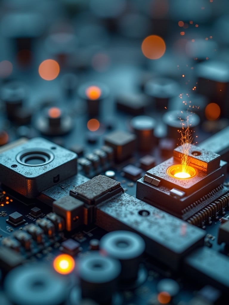 Close-up view of components in Metal and Metallurgy Industries. Focus on a circuit board with a glowing element. Emphasize technology aspect and intricate details.