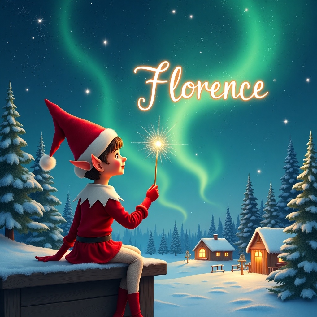 Elf dressed in red sits on wooden ledge. Elf gazes at magical sky holding sparkling wand. Wand writes name 'Florence' in starry sky. Scene includes snowy landscape, charming houses, evergreen trees. Northern Lights shimmer above. Whimsical magical atmosphere is portrayed.