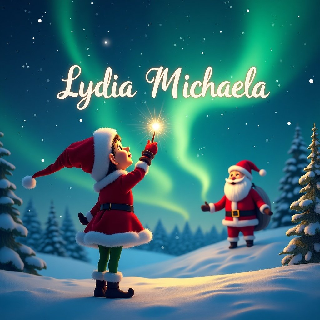 Elf facing sky with wand. Magical Christmas background. Northern lights visible. Santa Claus in the background. Names Lydia Michaela written in sky.