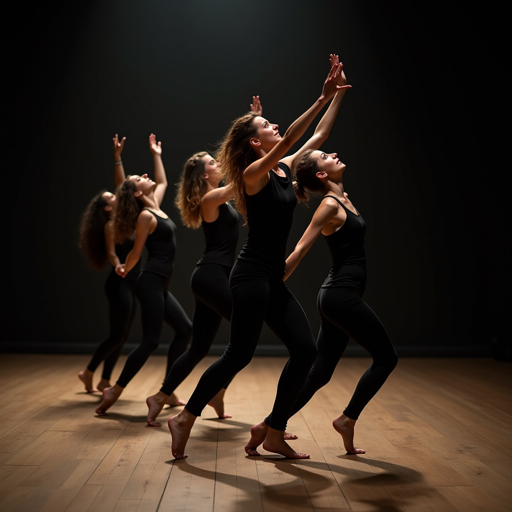 Four dancers elegantly pose in a dimly lit studio, each wearing a black outfit, exuding grace and synchronicity on a wooden floor.