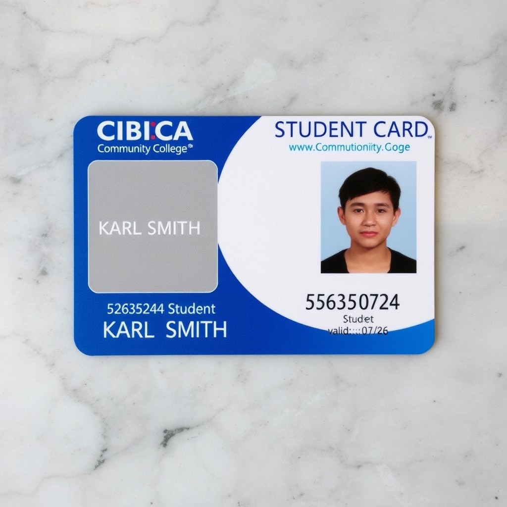 A student ID card from CIBICA Community College lying on a marble surface.