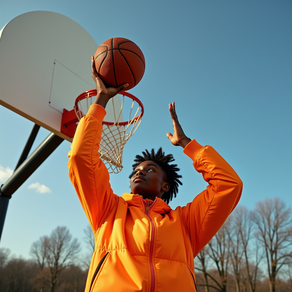 A person in an orange jacket skillfully holding a basketball under a clear sky by a basketball hoop.