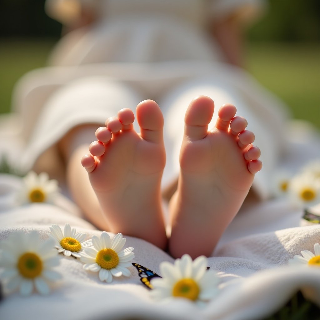 Close-up of young girl's feet in soft lighting. Feet on a blanket with flowers and butterflies. Emphasis on natural beauty and care.