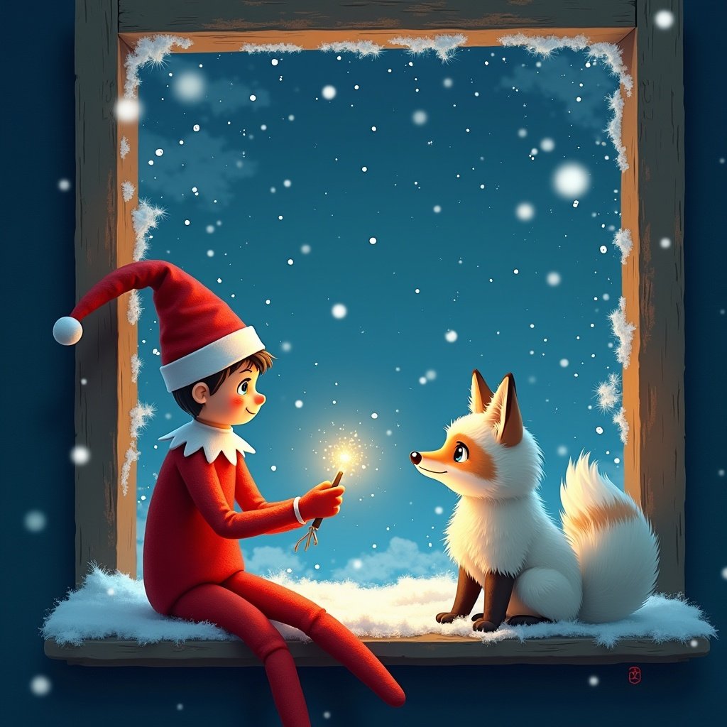 A traditional red elf on the shelf writes Yarne in the sky. Snowy window with a curious snow fox watching.