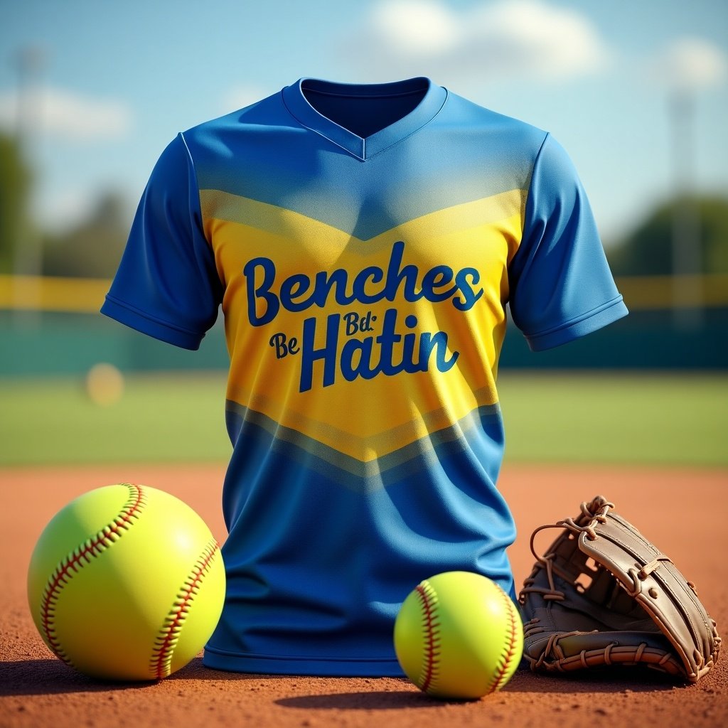 Display of a blue and yellow softball jersey with the phrase 'Benches Be Hatin'. Two softballs and a glove are nearby. Focus on the jersey against a blurred sports field background.