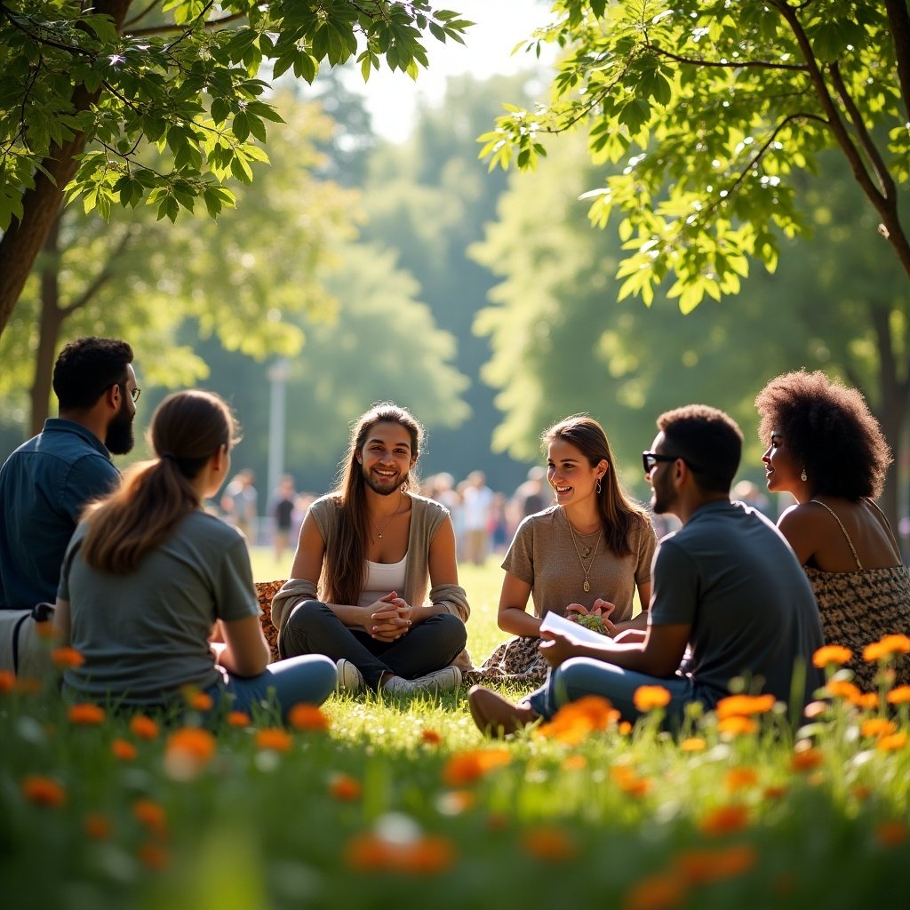 A group of people sitting in a park discussing political topics. The atmosphere is peaceful and engaging. The setting features green grass and flowers.