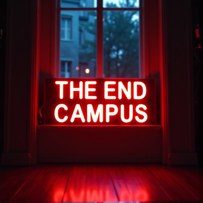 A red neon sign with the words 'THE END CAMPUS' illuminates a dimly lit room in front of a large window, reflecting on a polished wooden floor.