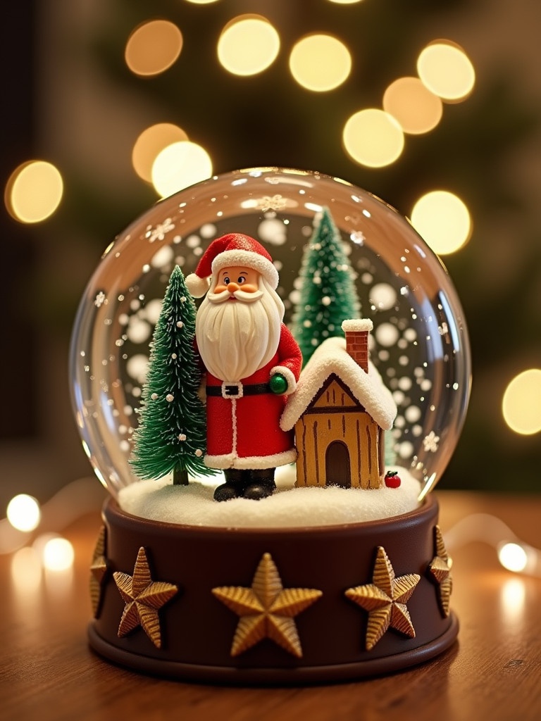 Charming snow globe with Santa Claus standing next to a tiny house and evergreen trees. Sparkling snowflakes create a magical touch. Base of the globe decorated with stars. Warm soft lighting enhances festive atmosphere. Blurred Christmas lights in background evoke spirit of the season.