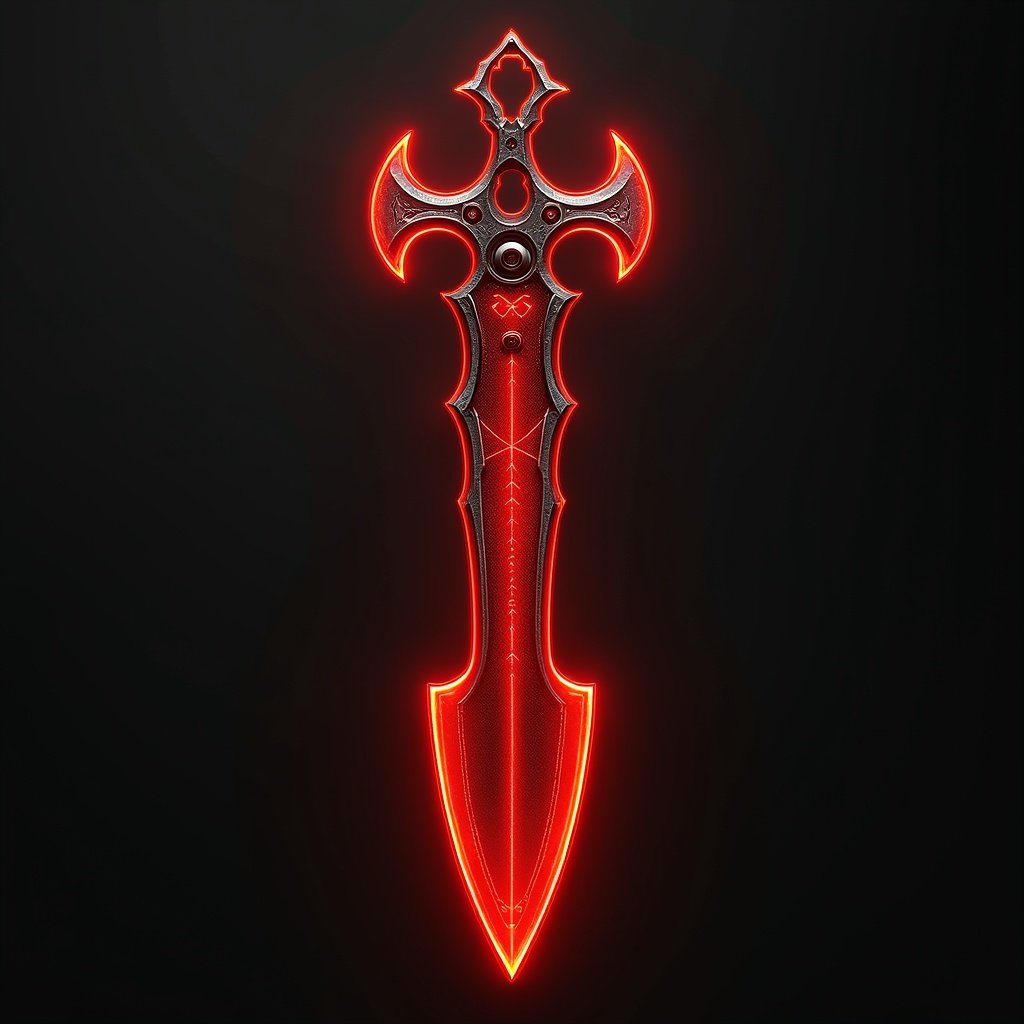 A red bident features flamberg blades. The design appears aggressive with a glowing effect against a dark background.