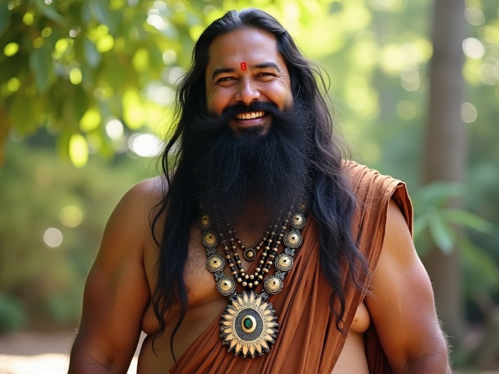 The image depicts a smiling adult man with a thick beard, dressed in traditional attire. He wears a large necklace adorned with intricate designs. The background is filled with lush greenery, suggesting a serene outdoor setting. His joyful expression evokes a sense of peace and spirituality. The image serves as a representation of holistic wellness and the teachings of meditation and yoga.