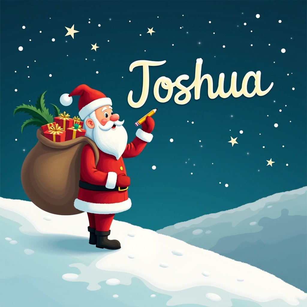 Santa Claus stands on a snowy hill under a starry night. He writes names in the sky with a pencil. Dressed in red and white, he carries a large sack of gifts. The name 'Joshua' appears in a whimsical font.