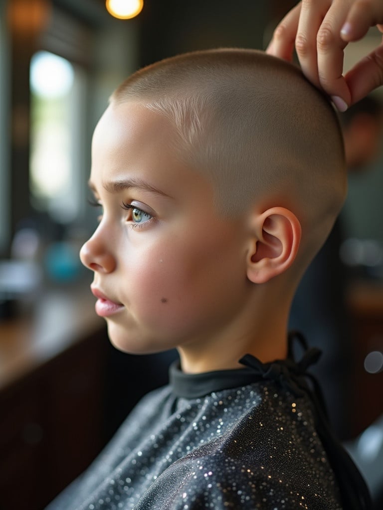 A girl is having her head shaved smooth in a barbershop. The head is shiny and bald. A stylist is working on her hair. The environment is cozy and well-lit.