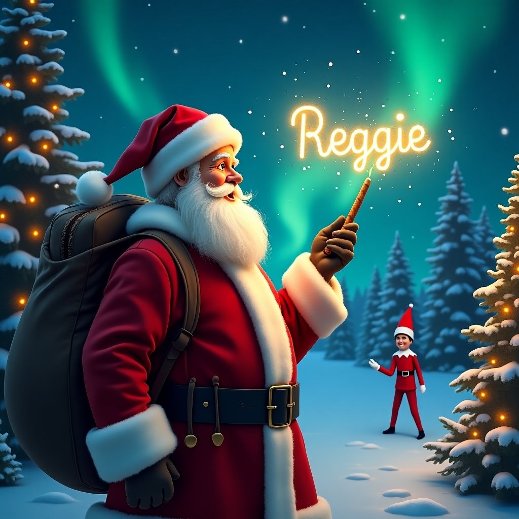 A traditional Santa Claus in a magical atmosphere. Northern lights shimmer in the background. Santa writes the name 'Reggie' in the sky with a magic wand. An elf on the shelf watches from a distance. Capturing the essence of holiday magic.