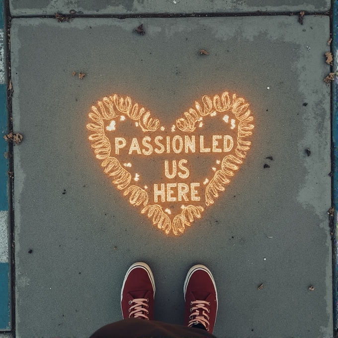 A pair of red shoes stands before a glowing heart-shaped message on a gray pavement saying 'PASSION LED US HERE'.