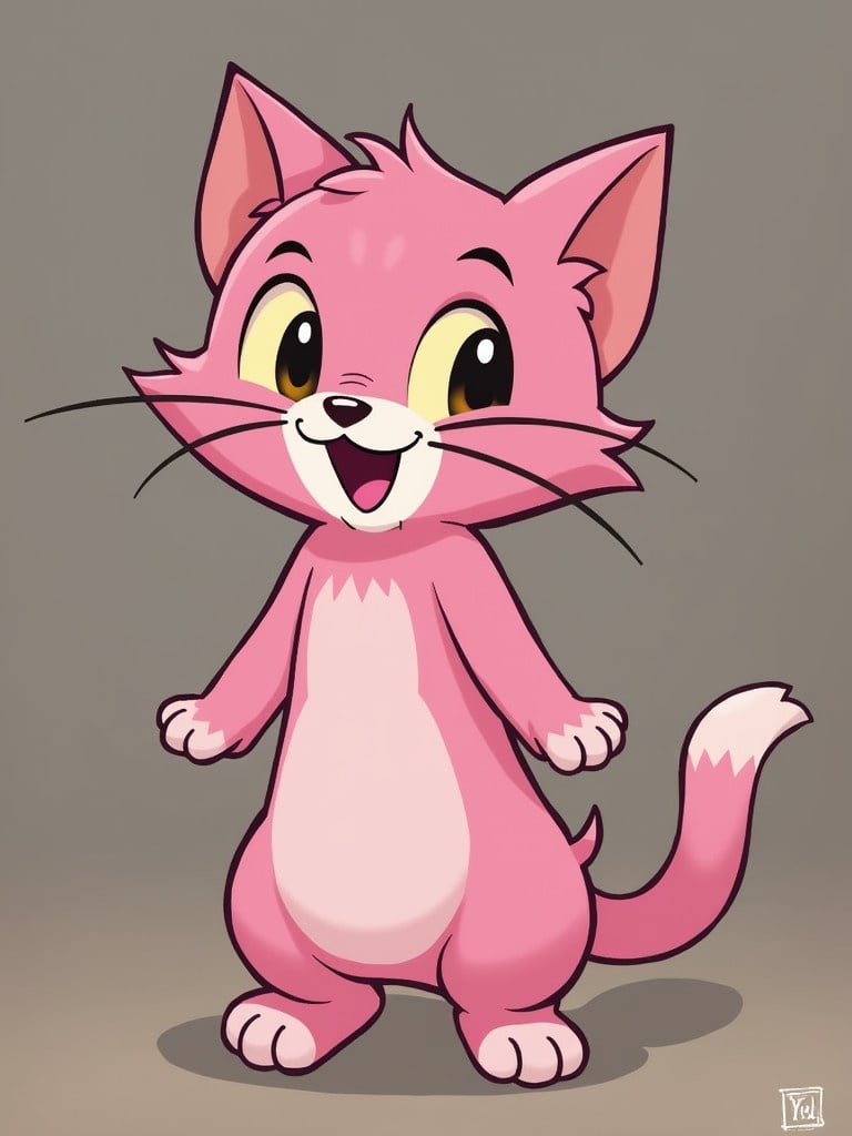 Yusi the Pink Cat. Character looks joyful. Cat has a pink coat and white belly. The cat has large expressive eyes. Cat stands with paws open. The background is neutral to highlight the character.