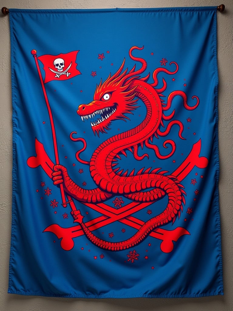 A pirate flag design. A blood red dragon features prominently. The background is royal blue. The dragon holds a flag with a skull. Elements suggest a sea theme.