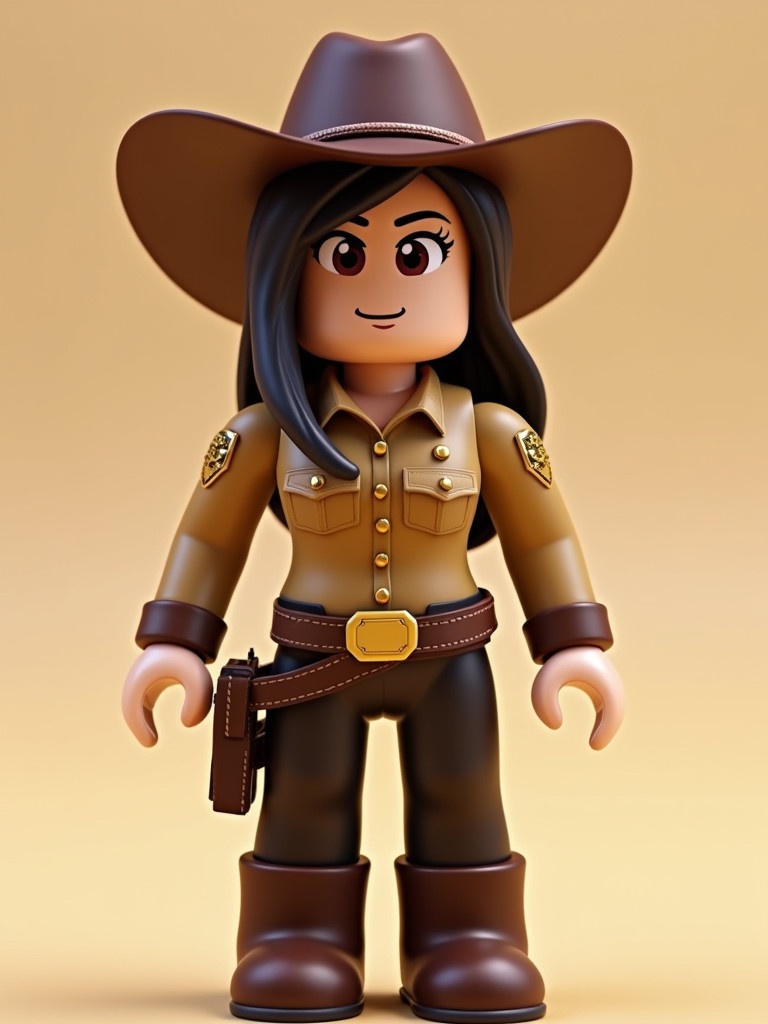 Image features a Roblox-style character in a sheriff uniform. The character is a girl wearing a cowboy hat and is depicted in a playful and colorful manner. The figure is designed to be appealing to children and gamers. The background is a solid color making the character stand out.