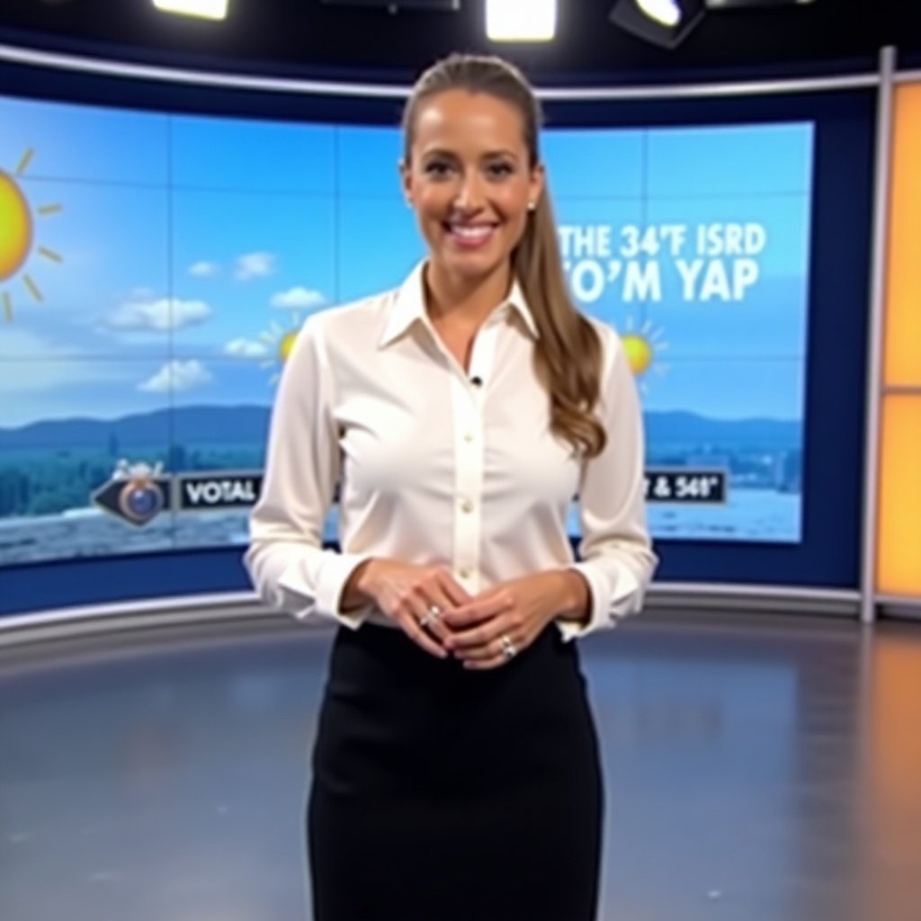 Weather presenter stands confidently in modern studio. Crisp white shirt and long black skirt worn. Hair styled in sleek ponytail. Large screen displays weather information. Bright lighting enhances contemporary design. Presenter smiles warmly, ready to deliver forecast.