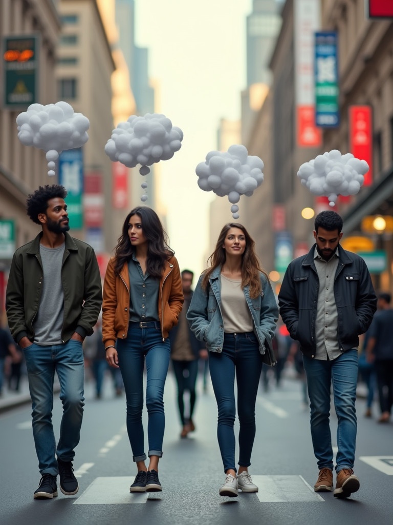 A diverse group of people walks in a busy city street while reflecting on their thoughts. Each individual represents a different cultural background. Surrounding them are soft, translucent thought bubbles expressing their internal dialogues. The image has a vibrant city atmosphere with a focus on emotional depth and introspection. Soft lighting enhances the scene's contemplative nature.