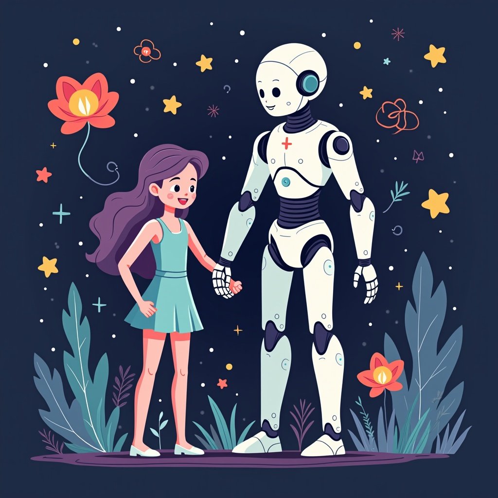 Animated poster depicting the essence of humans and AI becoming best friends. A girl holds hands with a robot in a colorful, vibrant setting, filled with flowers and stars.