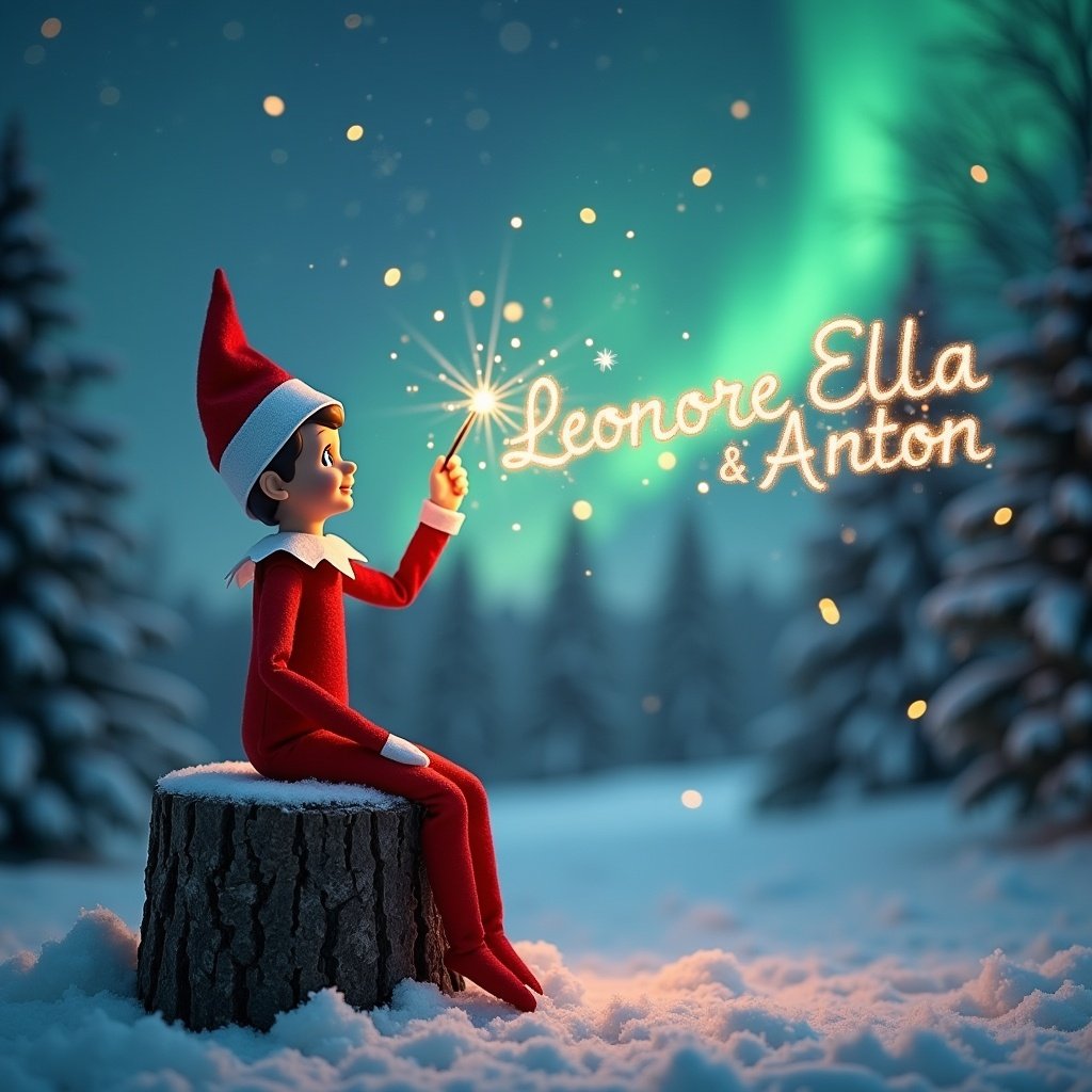 Elf character sits on a snowy tree stump. The elf gazes up at the sky. Holds a magic wand creating sparkles in the air. Background shows vibrant northern lights. Golden lights twinkle in the snow. Scene feels magical and festive.