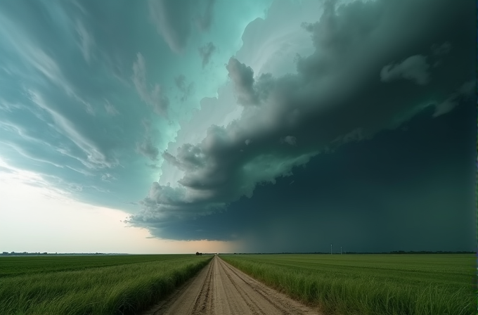 A dirt road leads through green fields under a dramatic sky with dark, swirling clouds.