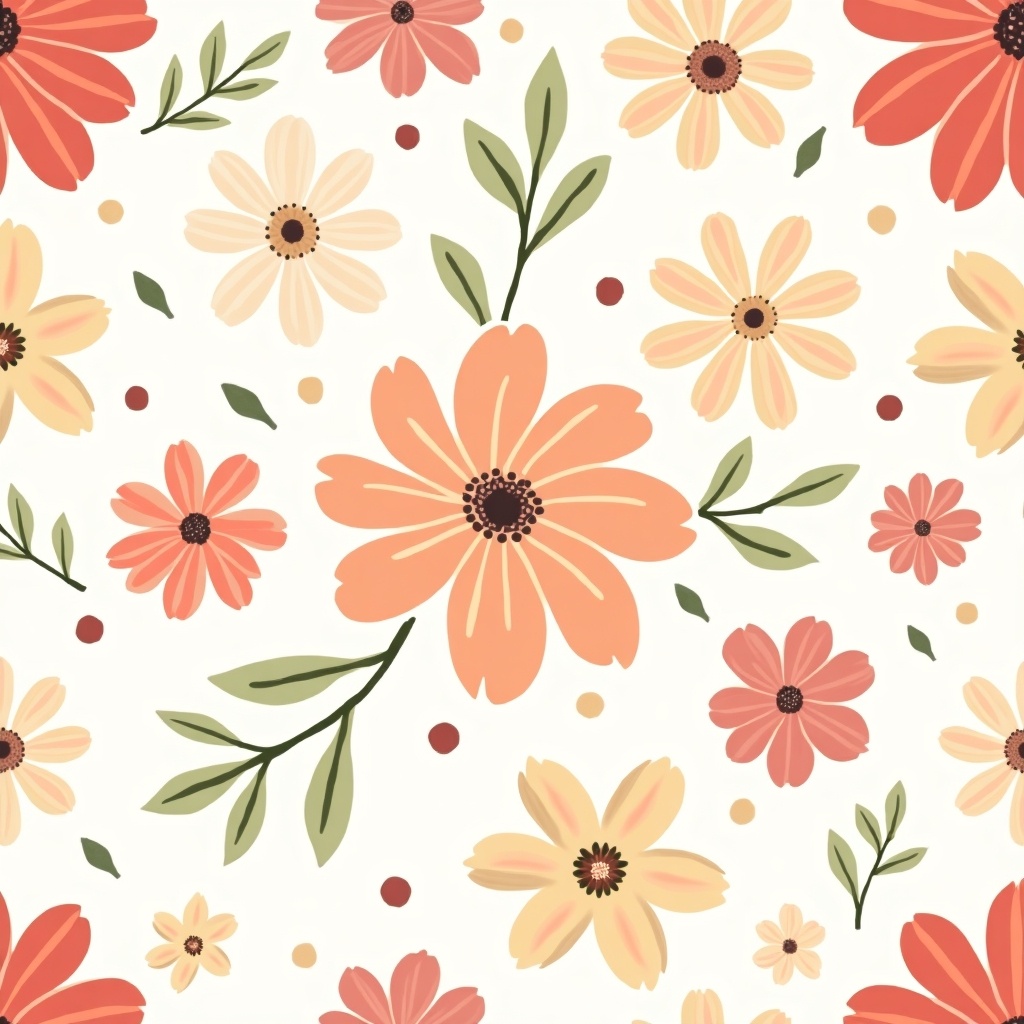 Beautiful seamless pattern featuring various flowers on a light background. Includes roses, daisies, and vibrant blooms. Array of colors such as pink, red, and peach. Leaves integrated among flowers for greenery. Harmonious and cheerful aesthetic.