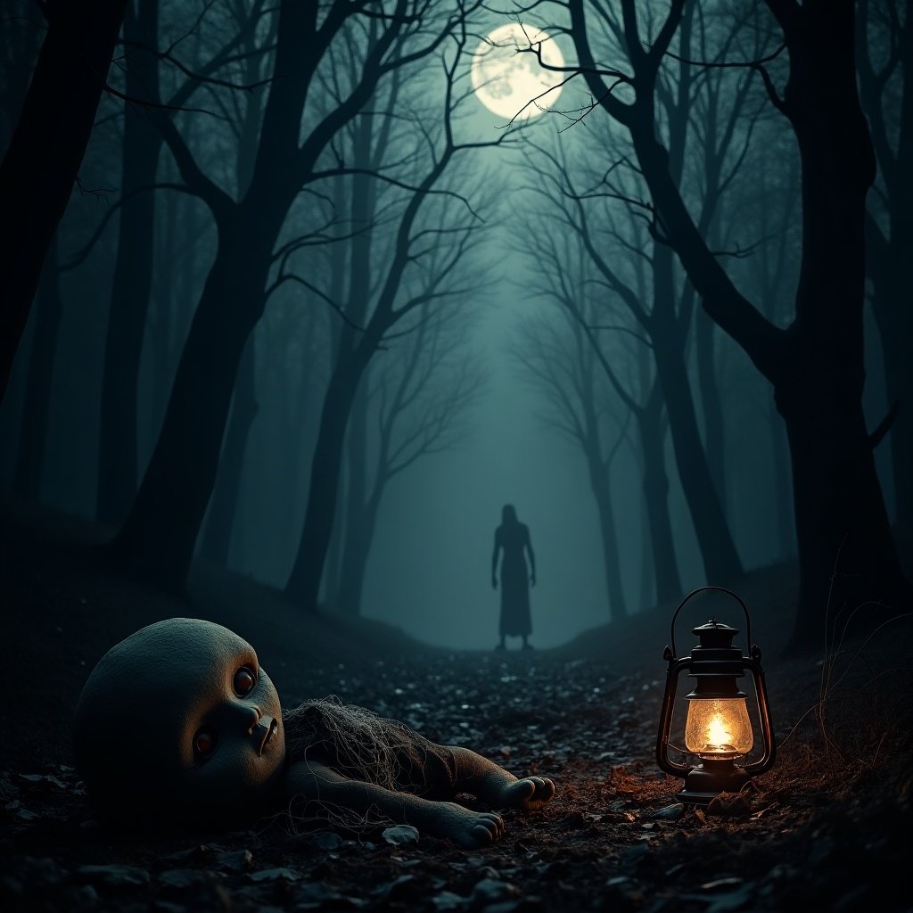 A dark forest scene with twisted trees under a full moon. A broken doll lies on the ground next to a lantern. A shadowy figure walks in the distance. The atmosphere is eerie and surreal.