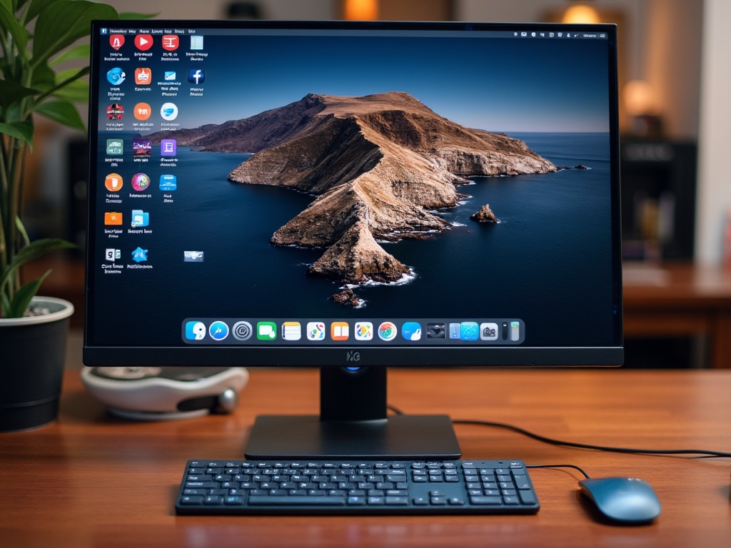 A sleek desk setup featuring a computer monitor displaying an island landscape wallpaper.