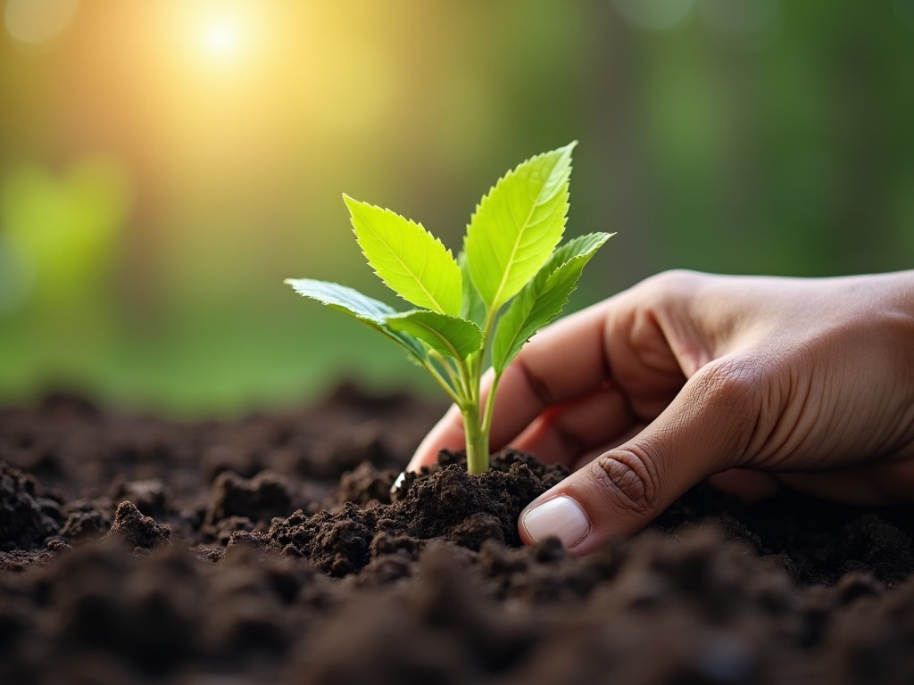 A close-up image captures a hand gently planting a small green sapling into rich, dark soil. The vibrant green of the young plant contrasts beautifully against the earthy tones surrounding it. Sunlight filters through from the top left, symbolizing growth and nurturing. The background is softly blurred, drawing attention to the sapling and the careful action of planting. This scene represents a connection with nature and the importance of caring for the environment. The hand in the image suggests a personal touch, emphasizing the act of nurturing life.