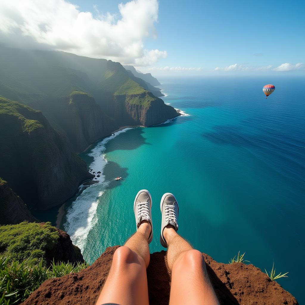 A person is sitting on a cliff overlooking a breathtaking coastal landscape, with sneakers visible in the foreground and a hot air balloon in the sky.